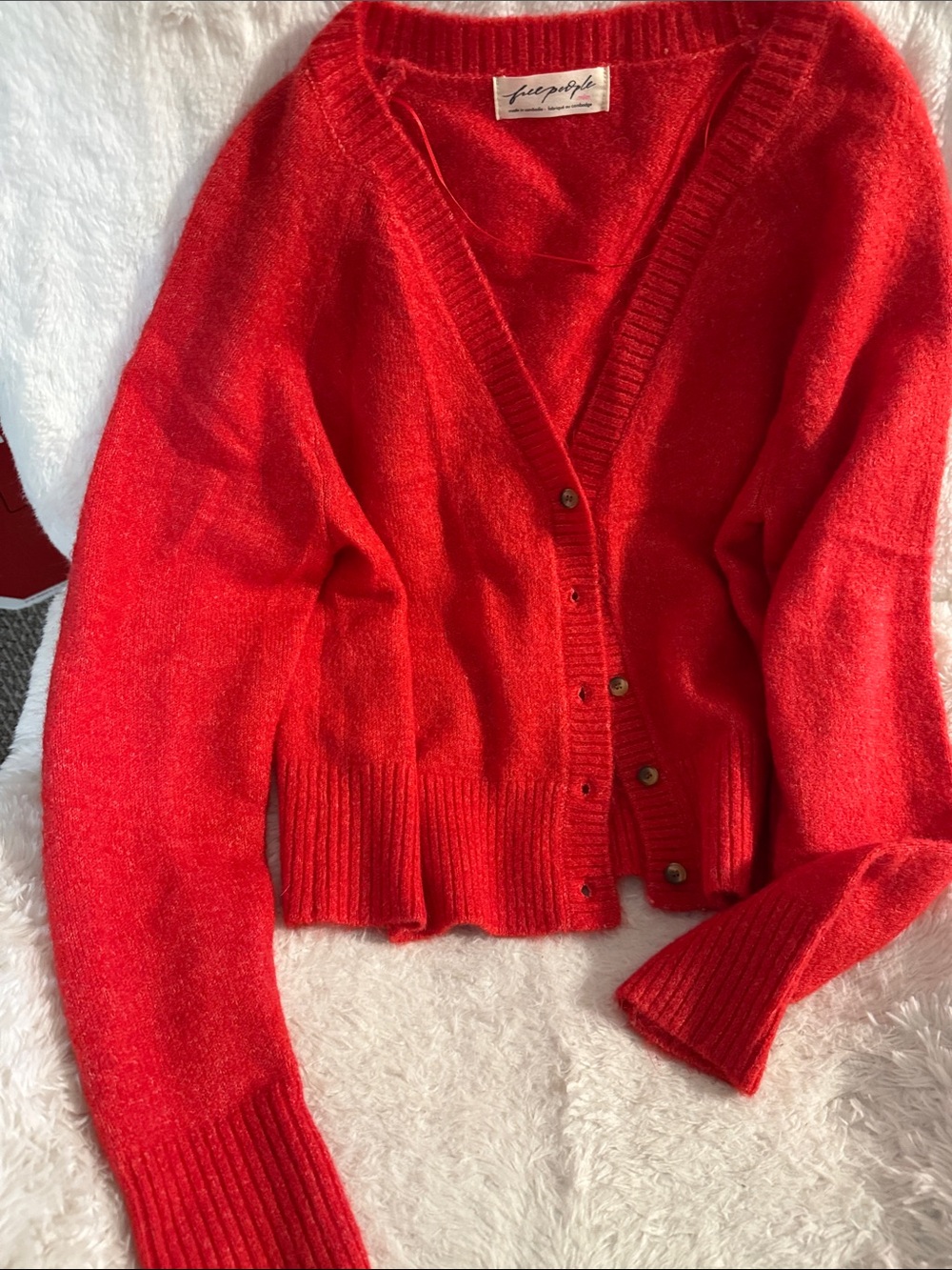 Free People Bright Red V-Neck Button-Up Cardigan